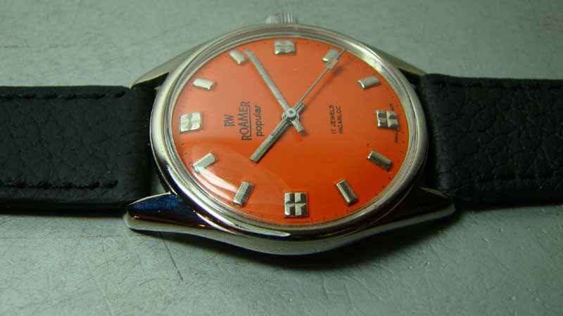 ORANGE DIAL VINTAGE ROAMER POPULAR WINDING SWISS MADE WRIST WATCH USED 