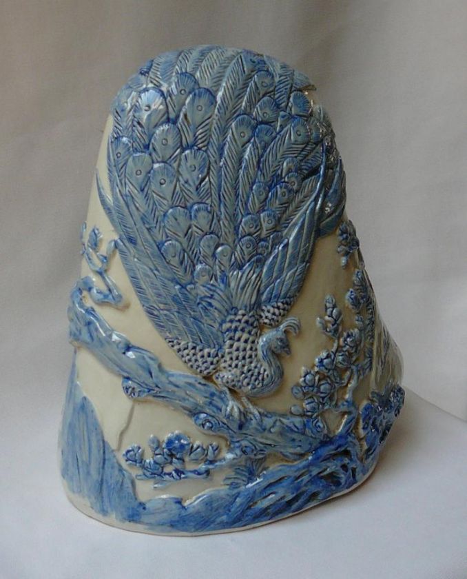 Blue/White Carved Peacock Porcelain Decor Display m542  