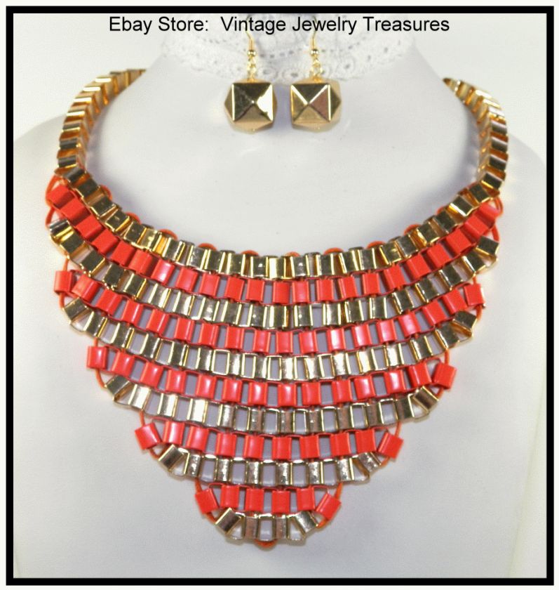 Very Chic Stylish Statement Necklace & Earrings Turquoise Coral Pink 