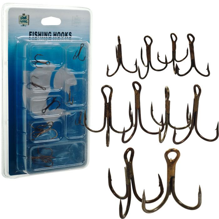 Gone Fishing™ Set of 10 Treble Hooks   Three Assorted Sizes  