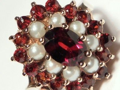 NATURAL GARNET & PEARL 9ct GOLD VINTAGE 1973 DRESS RING  