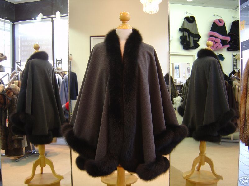 NEW CHARCOAL CASHMERE CAPE WRAP SHAWL & BLACK FOX FUR  