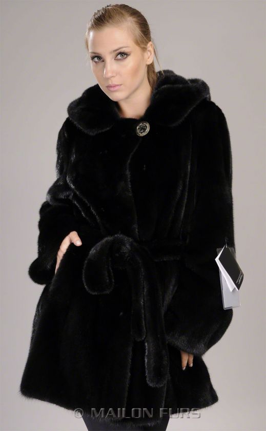   Black Blackglama natural letout knee length hooded Mink Fur coat parka