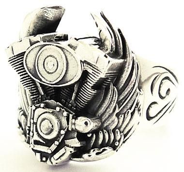 WING MOTORCYCLE ENGINE STERLING SILVER BIKER RING 12.5  