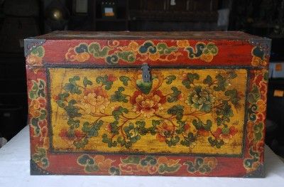 Large Tibetan Storage Trunk Wood Hope Chest Handpainted With Buddhist 