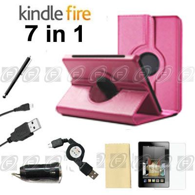 Stylish Kindle Fire PU Leather Case Cover/Car Charger/USB Cable/Stylus 