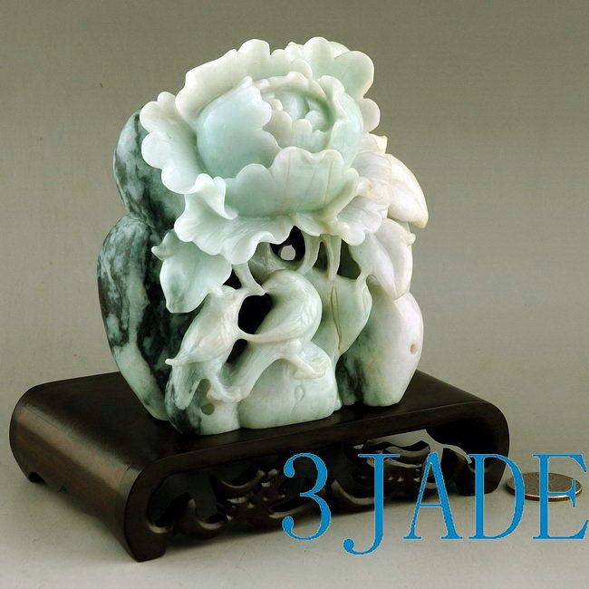 Natural Jadeite Jade Carving / Sculpture Birds & Flower Statue  