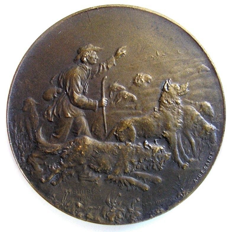 BRONZE MEDAL SHEPHERD & DOGS SIGNED DESAIDE 1895 FRANCE  