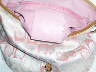   PINK AND DARKER PINK SIGNATURE JACQUARD AND TAN LEATHER SHOULDER BAG