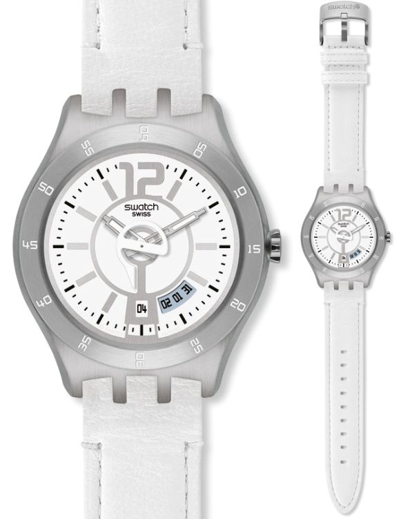 NEW Swatch YTS401 White Dial Mens Leatherette Watch  