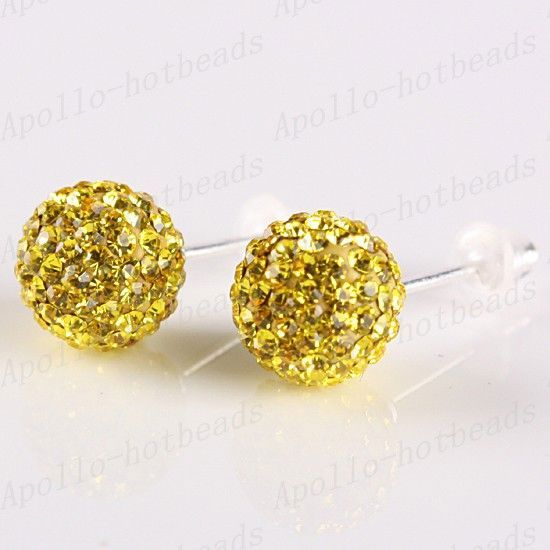   YELLOW CZECH CRYSTAL DISCO BALL 925 SILVER STUD EARRINGS 8MM  