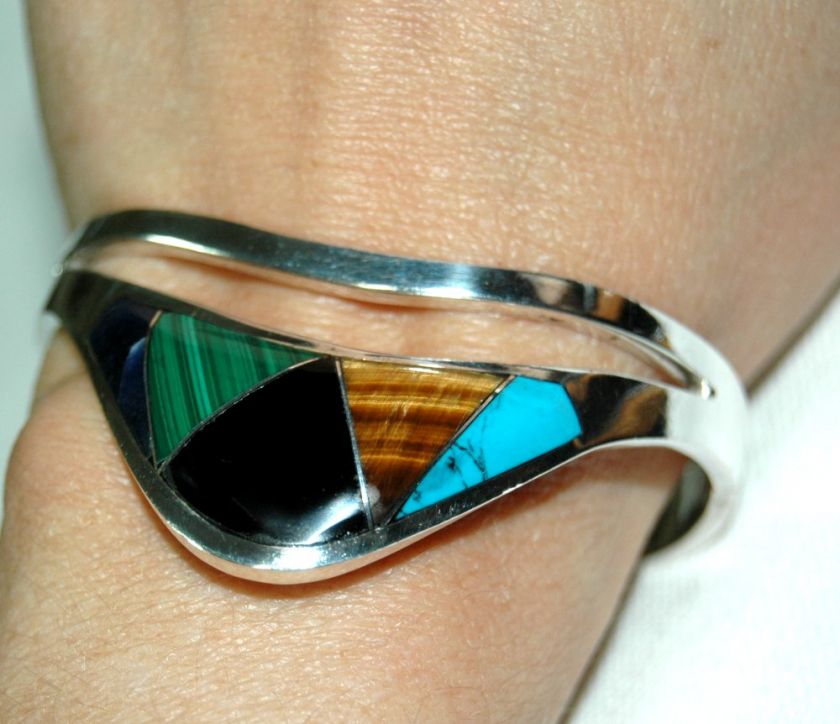 TAXCO ALICIA Inlaid 950 Silver Hinged Bangle Bracelet  