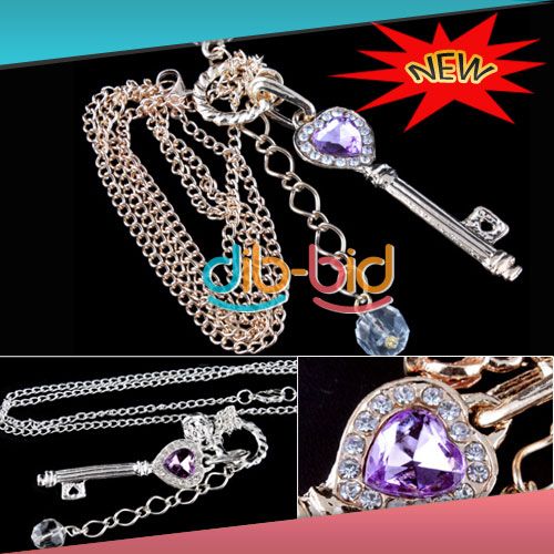   Lady Purple Crystal Bead Heart Love Key Crown Pendant Elegant Necklace