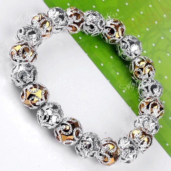 Golden Silvery Faceted Crystal Glass Ball Spacer Beads Bracelet 