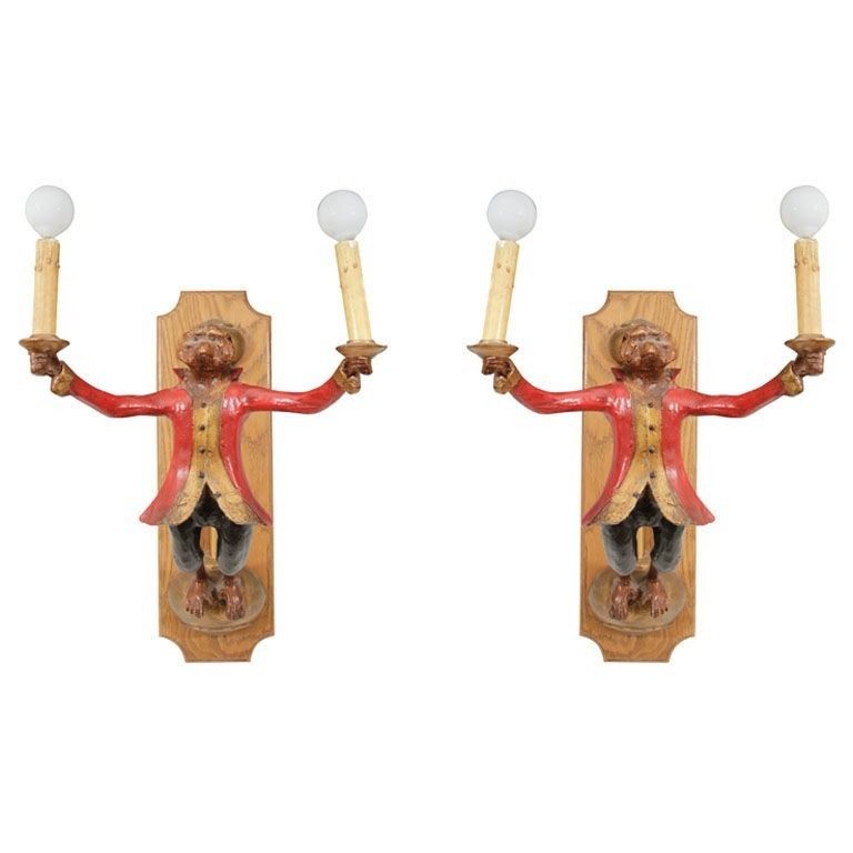 PAIR CARVED PAINT WOOD GROVE ISLE HOTEL MONKEY SCONCES  