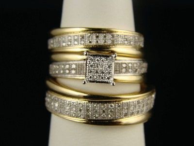 LADIES + MENS WEDDING BAND ENGAGEMENT DIAMOND TRIO SET  