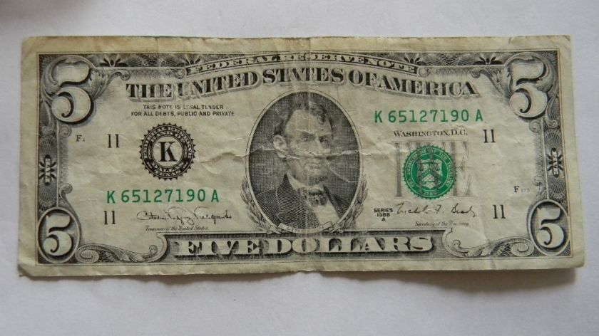 1988A Five Dollar ($5.00) Federal Reserve K Series Note  