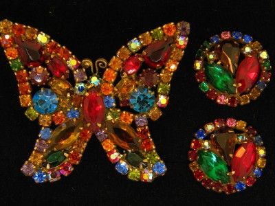 Signed WEISS OLD BUTTERFLY SET RHINESTONE BROOCH EARRINGS  VINTAGE 