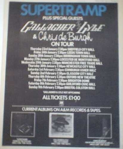 SUPERTRAMP/CHRIS DE BURGH 1975 RARE POSTER SIZE ADVERT  