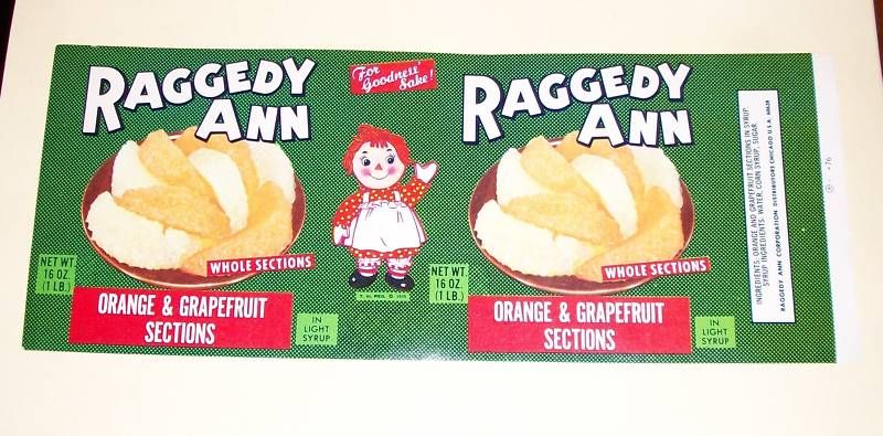 VINTAGE RAGGEDY ANN FRUIT CAN LABEL DATED 1939 ORANGES  