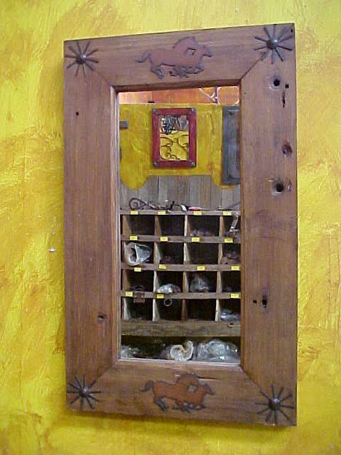 Rustic Old Door Mirror  Mexican 21x35 Western Horses Wood Heavy Cowboy 