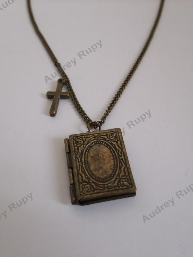 Antique Vintage Copper Book Locket & Cross Necklace  