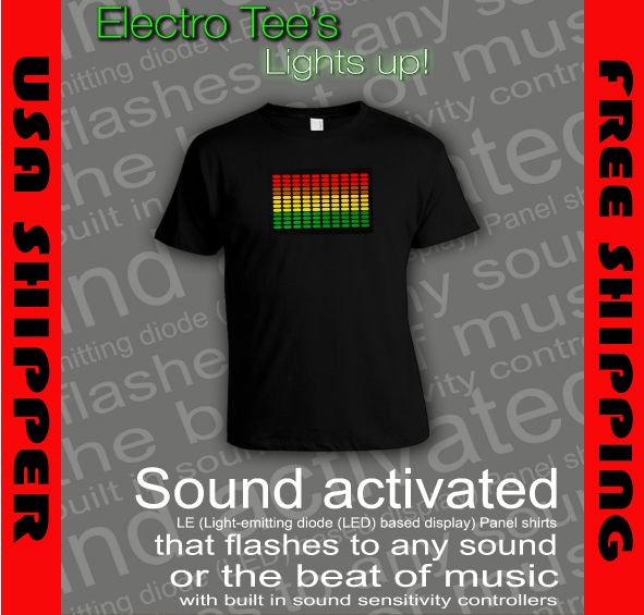 SOUND ACTIVATED LE LED TEE SHIRTS   LIGHTS UP TO SOUND OF MUSIC OR ANY 