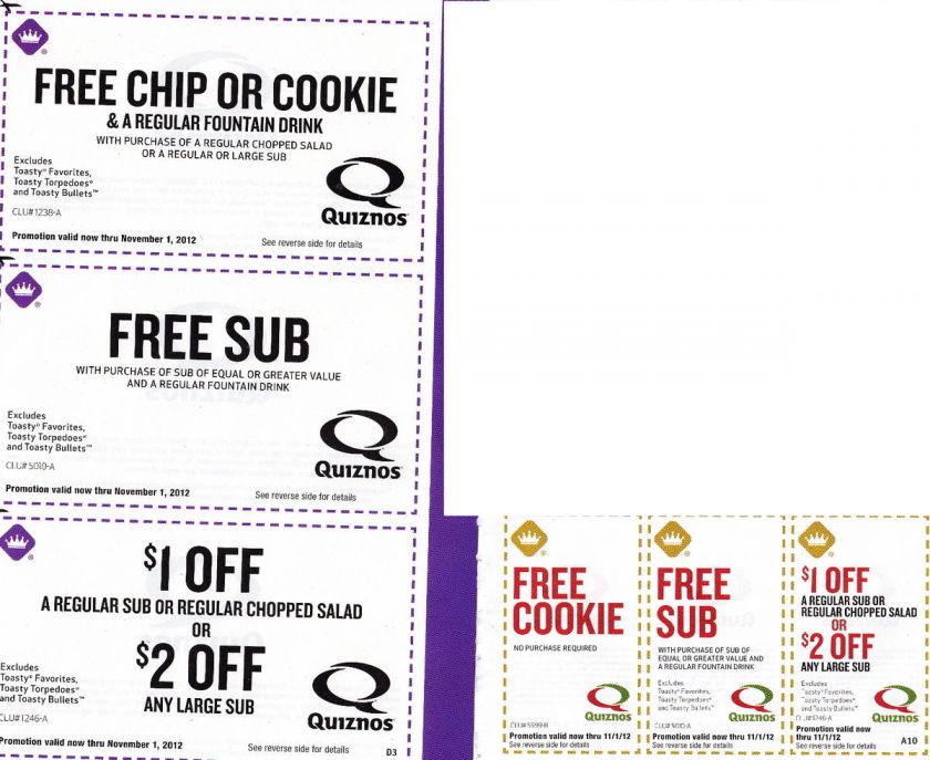 QUIZNOS coupons Free Cookie, BOGO Sub $1 0r $2 off Sub exp 12/31/12 