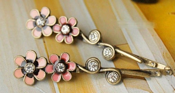 1pcs Vintage Enamel Flower Crystal Stamen Hairpin X48 FREE SHIP  