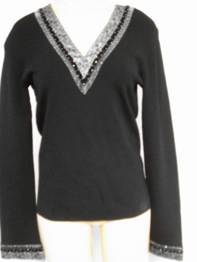 WILLI SMITH BLACK PULL OVER KNIT W BEADED NECK & CUFFS  