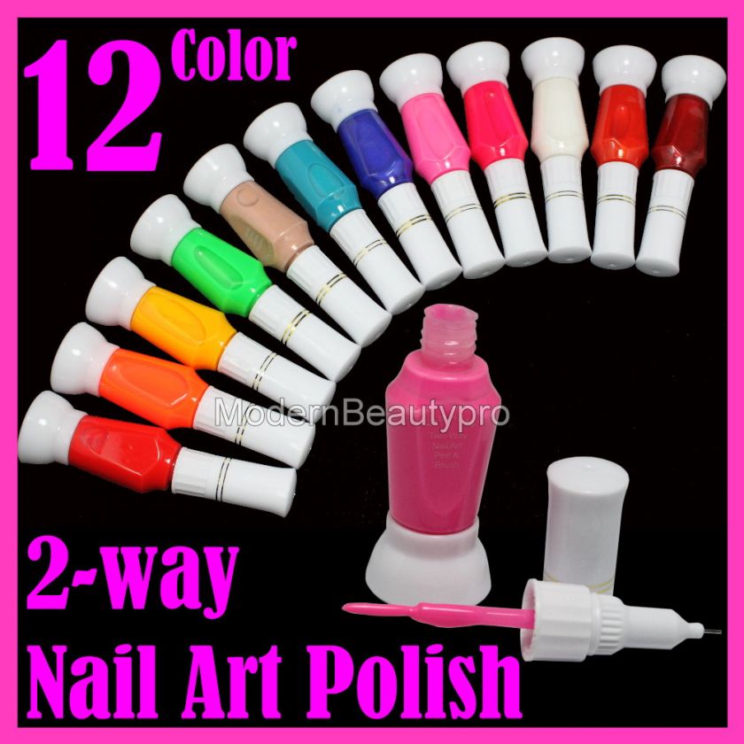 12 Pure Color 2 Way False Nail Art Brush Pen Varnish Polish Set  