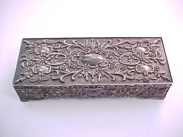 Vintage Estate Jewelry Casket / Box Very Heavy Repousse Plated White 