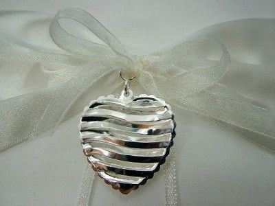 New Ivory Satin Ribbon Ring Bearer Pillow Silver Heart  