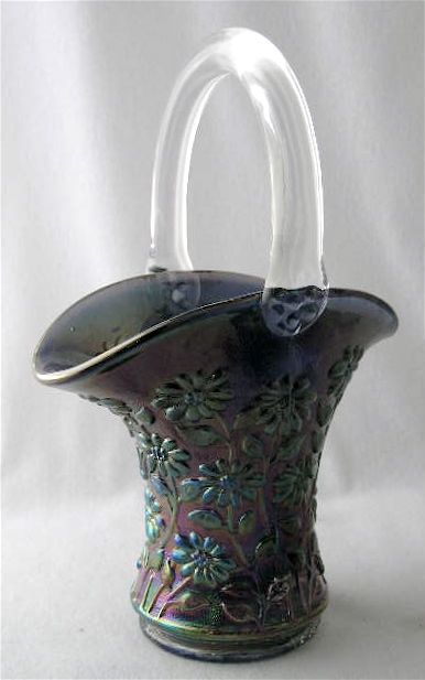 Signed Imperial smoke carnival glass DAISY basket, 10h  