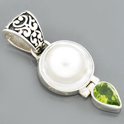 Natural Blister Pearl Peridot Gemstone925Sterling Silver Pendant 