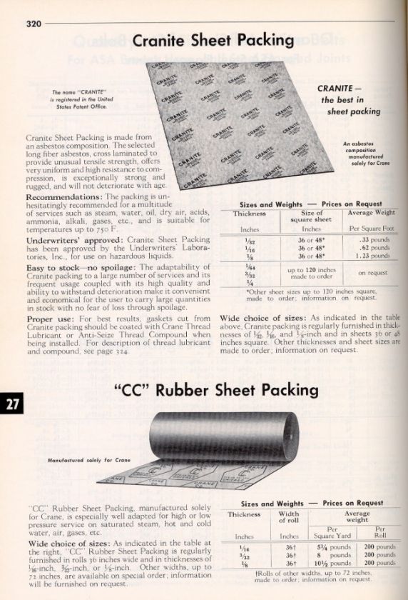   Catalog Asbestos Cranite Sheet Packing US NAVY Gaskets Boiler 1960