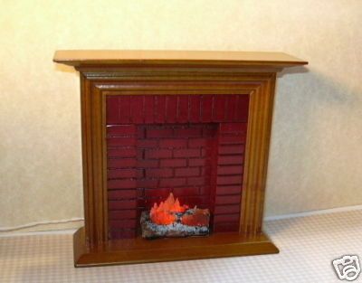 Miniature Walnut/Red Brick Fireplace w/Logs DOLLHOUSE 12 volt 