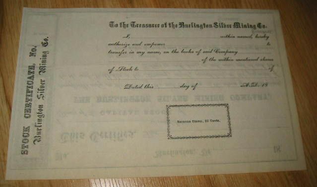 10 c.1860s BURLINGTON SILVER Mining STOCK CERTIFICATES  