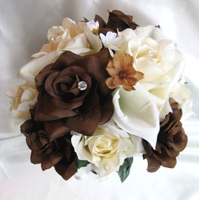   Bouquet Bridal Silk flowers CREAM BROWN CALLA LILY 17pc pew bows