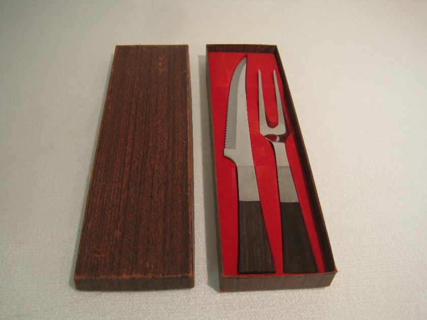   TEAK WOOD STAINLESS STEAL CARVING KNIFE AND SERVING FORK SET  