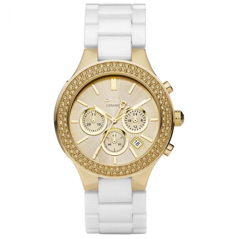 NEW DKNY NY8260 Ceramic Chronograph Gold tone Dial Womens watch 