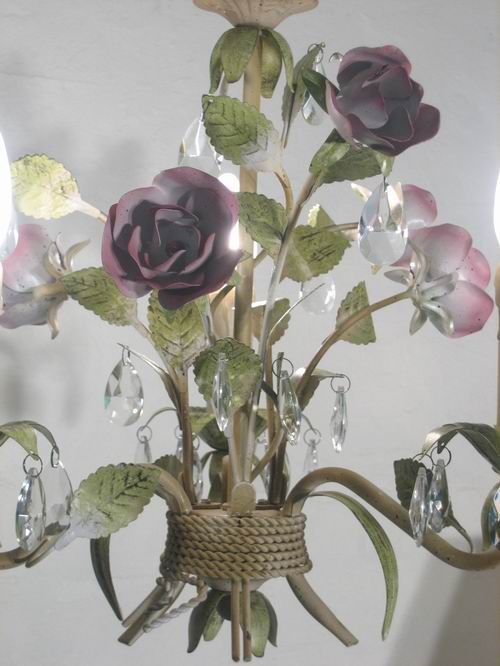 FRENCH DECOR PINK ROSES CRYSTALS TOLE CHANDELIER NEW  