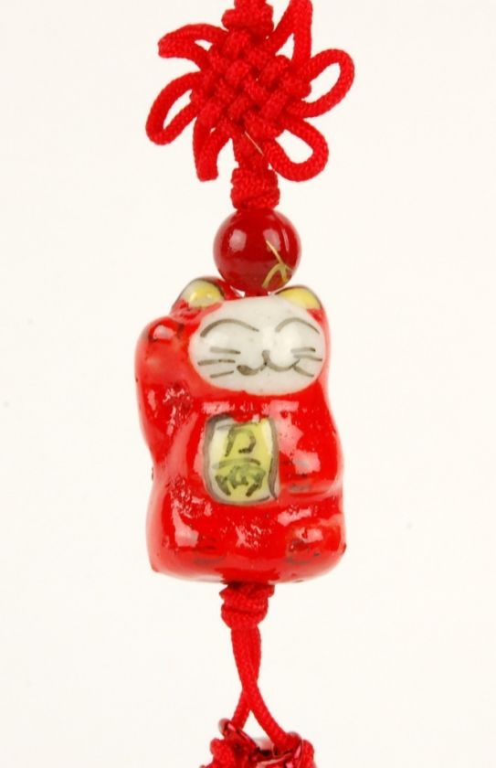 CERAMIC RED MANEKI NEKO CHARM Beckoning Cat Kitty Gift  