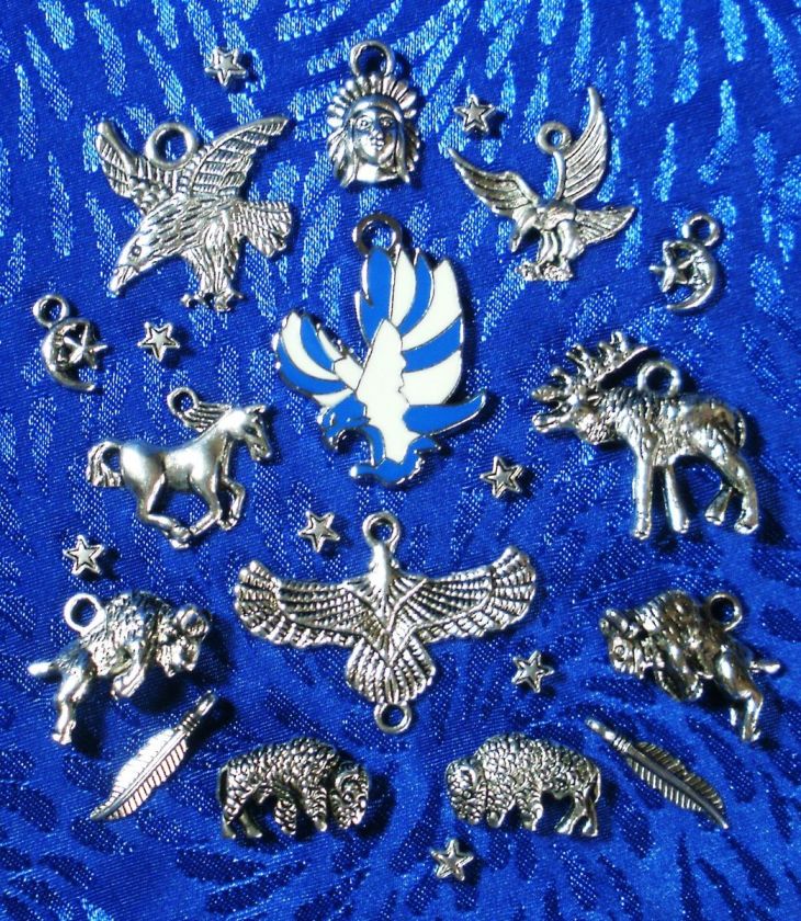 Silver Cowboy Charms   Buffalo Indian Elk Feather Eagle Horse Moon   3 