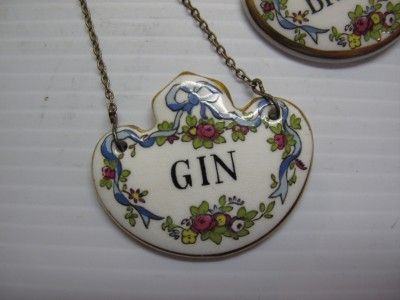 VTG BOTTLE TAGS LIQUOR BRANDY SCOTCH GIN ENAMEL PORCELAIN DECANTER SET 