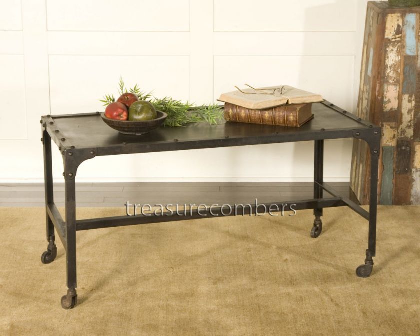   Iron Modern Industrial Cocktail Coffee Table Movable Casters City Loft