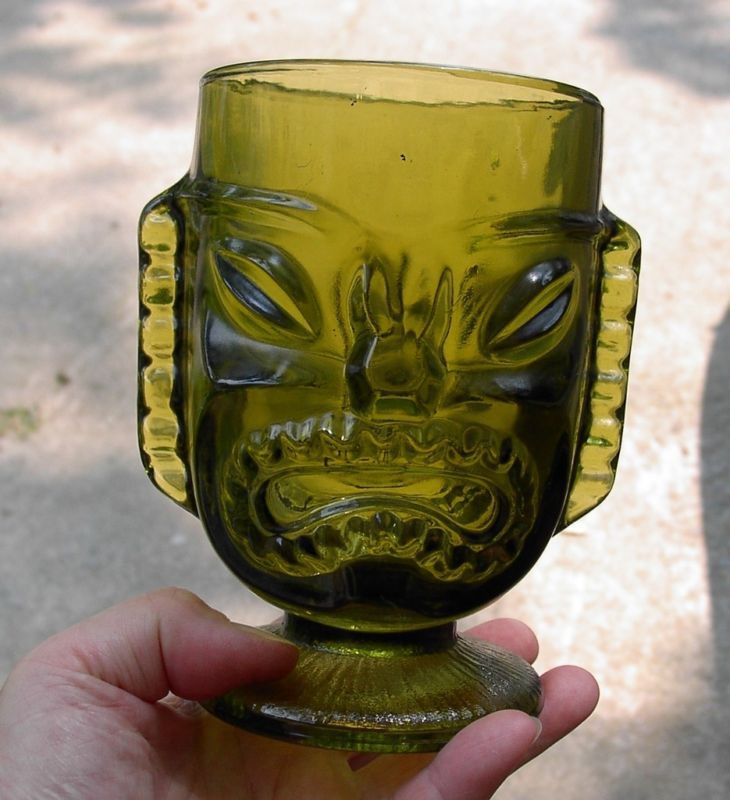 HUGE TIKI HEAD 2 FACE GLASS GREEN HAWAII DRINK BAR FUN  