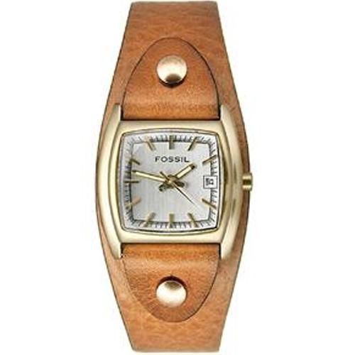  FOSSIL WOMENS BROWN LEATHER STRAP GOLD CASE SILVER DIAL DATE WATCH 