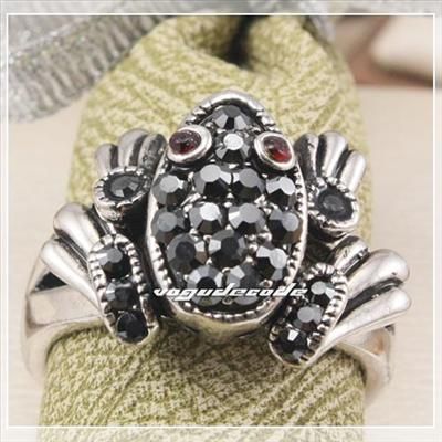 Vintage Silver Oxide Obsidian Frog Cocktail Ring size 7  