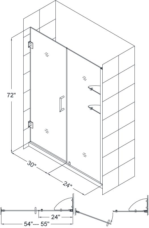 UNIDOOR 54 55 Frameless Shower Door with Glass Shelves  